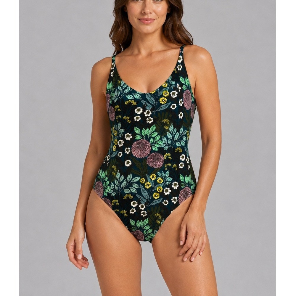 J.Crew x Abigail Borg Floral One Piece Swimsuit Womens 16 Teal Ruched Back Beach